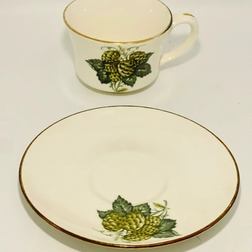 Vintage Hops Teacup & Saucer Botanical Gold Rim Royal Worcester Hop Mathon Green